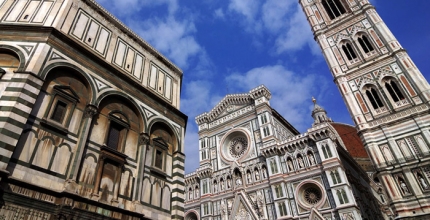 Baptistery of St. John, Cathedral and Giotto's bell tower from Piazza del Duomo in Florence 